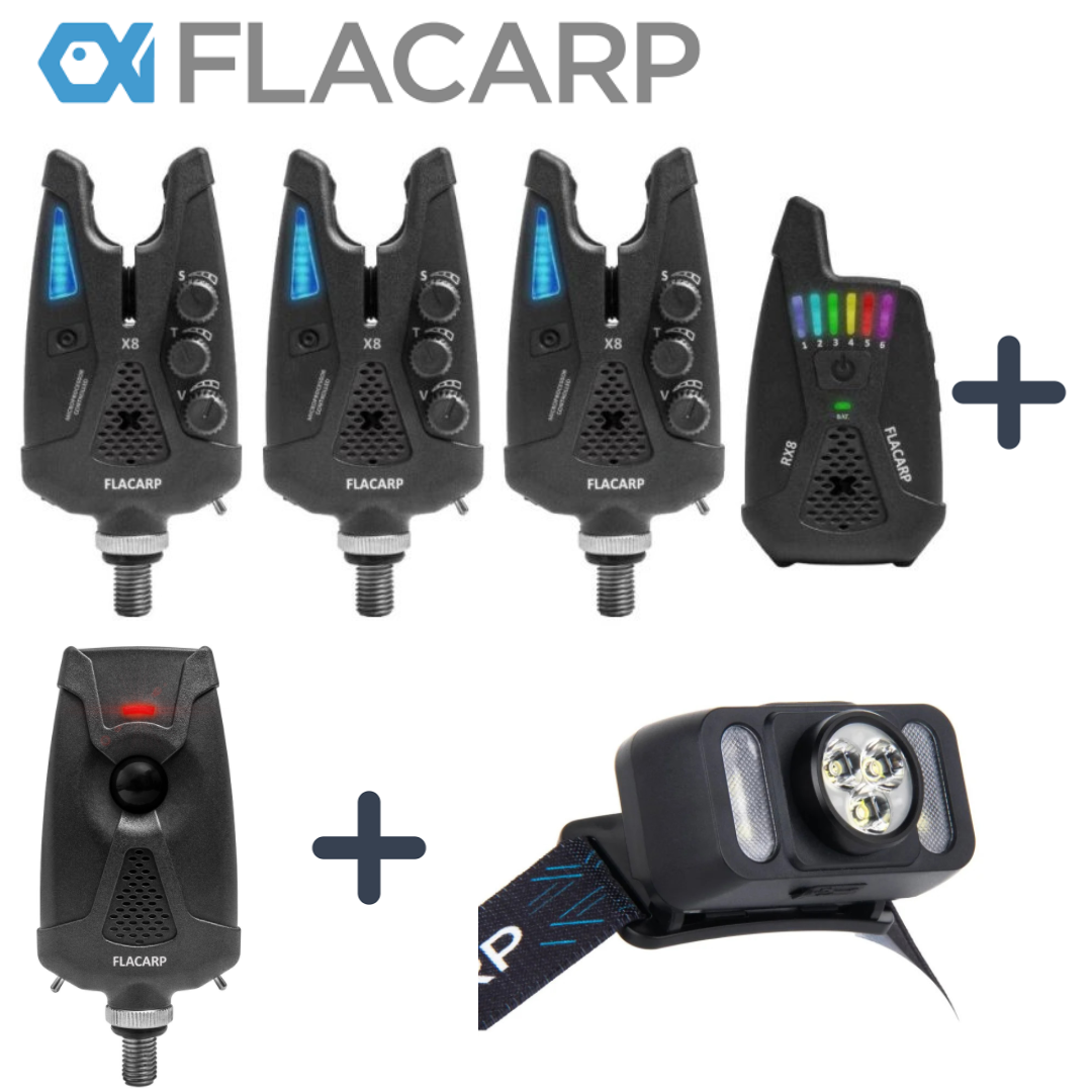 FLACARP Sada signalizátorů 3+1 X8 + RX8 + pohybové čidlo AL2 + nabíjecí čelovka HL4RX + kufřík