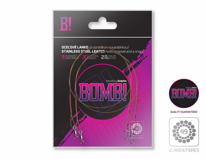 DELPHIN Ocelové lanko BOMB! s obratl. a karabinkou / 49 vláken / 35 cm / 11 kg / 2 ks